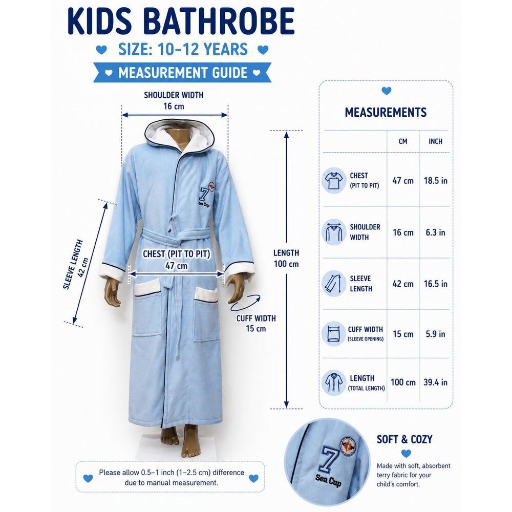 Kids Hooded Bathrobe 100% Cotton Blue 10-12Y Soft Terry Robe Belted - Picture 4 of 7